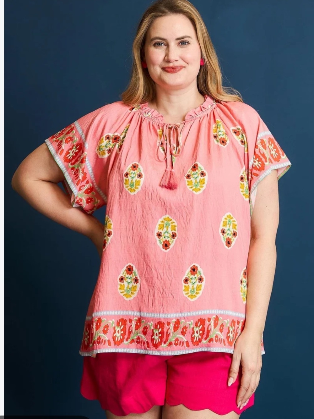 Umgee Boho Bloom Top with
Contrasting Print Border in Pink